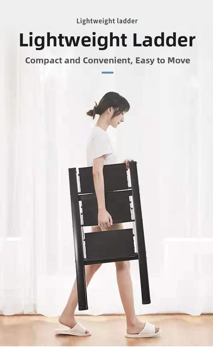 Huishoudtrap 3 Treden - Opstapje 3 Treden - Vouwladder-Keukentrap – Brede Treden –Antislip – Lichtgewicht - Opklapbaar - Keuken - 150 kg- 1 Stuk-Zwart – foto 3