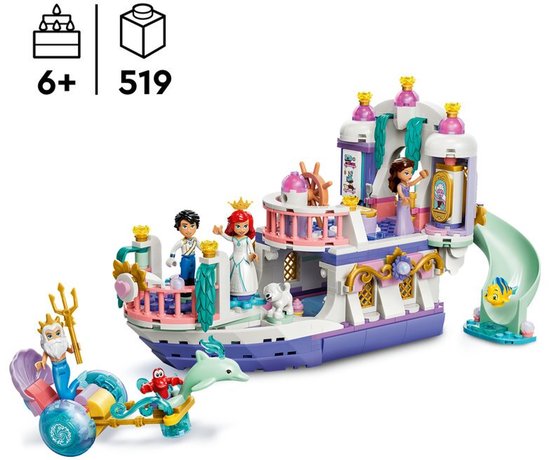 Lego Disney: Ariëls Koninklijke Trouwboot met 7 poppetjes. De paarse, witte en roze boot is versierd met gouden ornamenten.