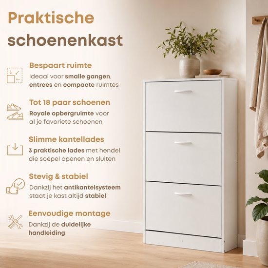 Meuble à chaussures blanc à trois tiroirs, idéal pour les petits espaces. Texte : "Meuble à chaussures pratique".