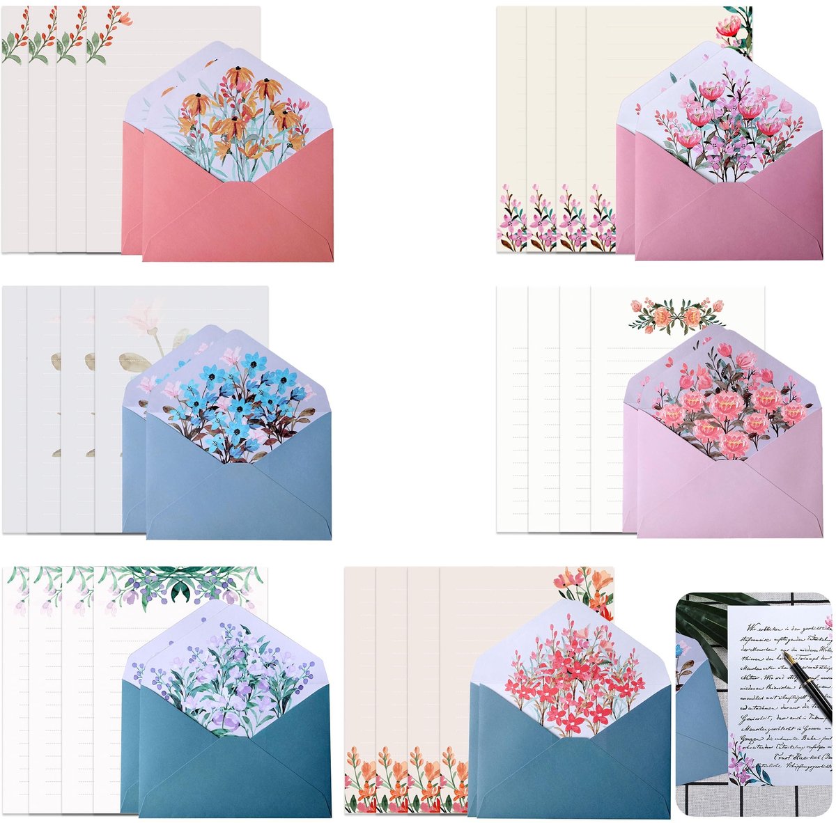 Dailygoods - Briefpapierset met enveloppen, 36 stuks briefpapierset, 24 schrijfpapier met 12 enveloppen, briefpapierset voor kantoor, thuis, school, verjaardag, uitnodigingen (6 stijlen)