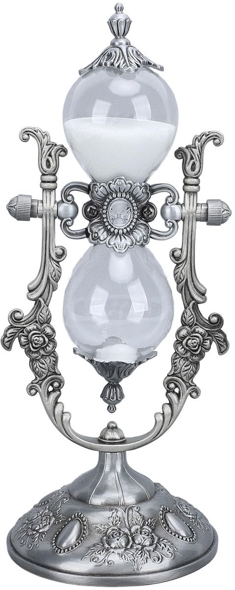 Dailygoods - Zandloper met standaard, vintage-stijl, 15 min. gravure, gouden zandloper in reliëf, timer, plankdecoratie (oud zilver)