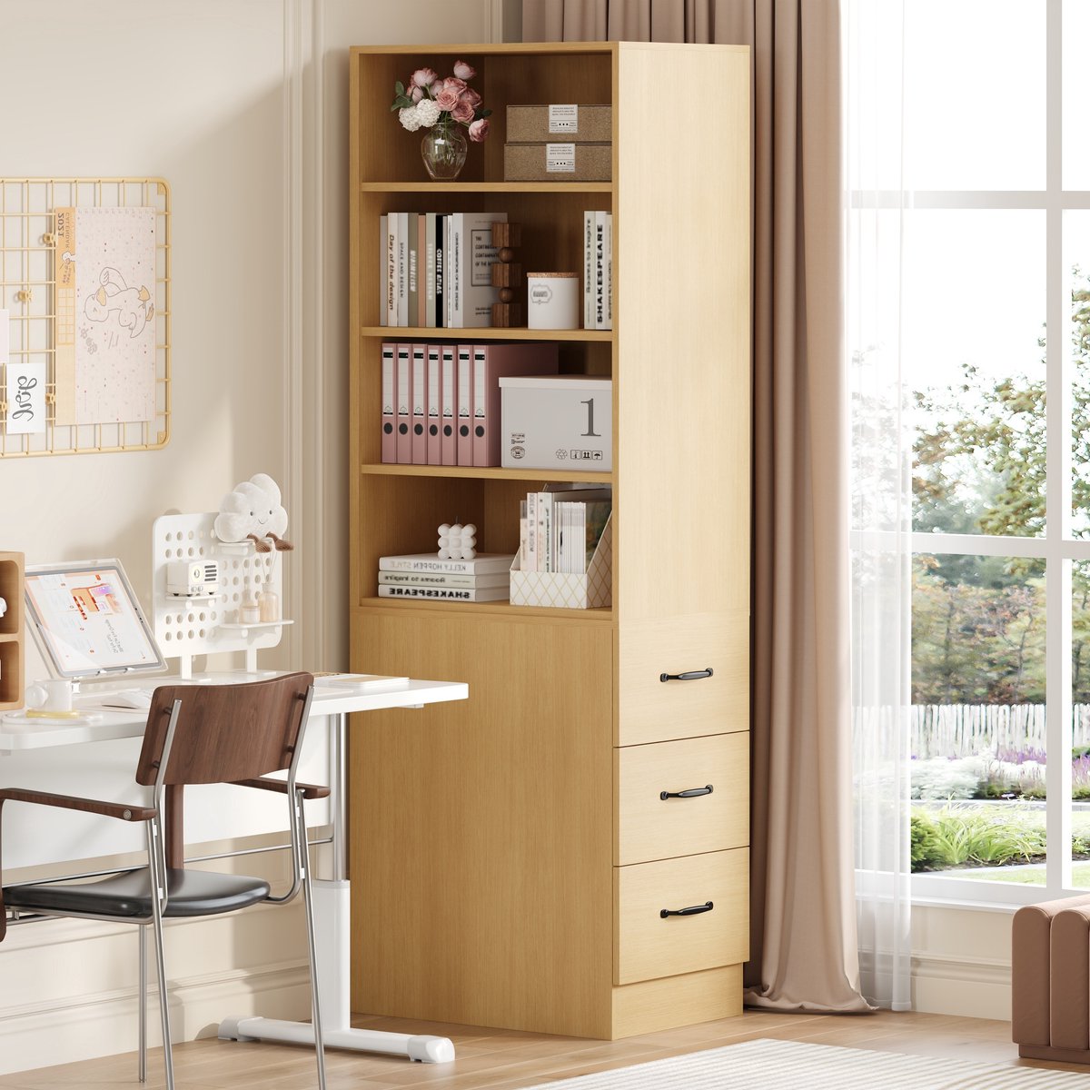 REDOM Boekenkast - Slank ontwerp - Met 3 zijdelingse lades en 4 open vakken - Verstelbare planken - Modern - Spaanplaat - Eiken - 60 x 38 x 180 cm