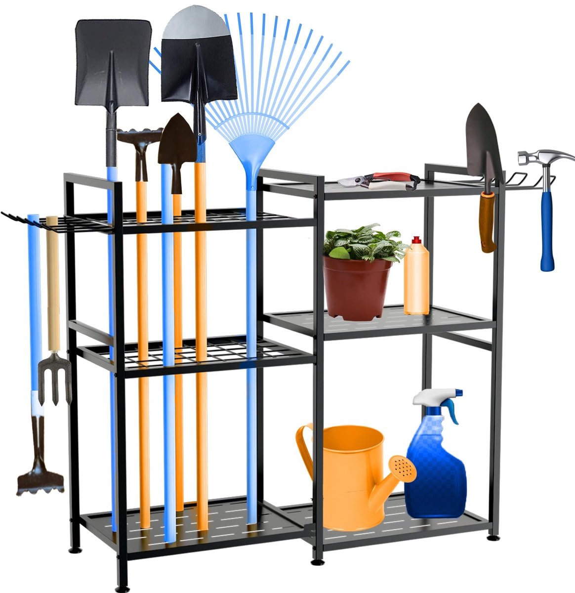 Dailygoods- Tuingereedschap Organizer met 4 Haken - Tuingereedschap Houder - Opbergrek met Wielen - 35 Gereedschapsvakken - 3 Niveaus - Verdeelde Opbergruimte - Gereedschapsopslag