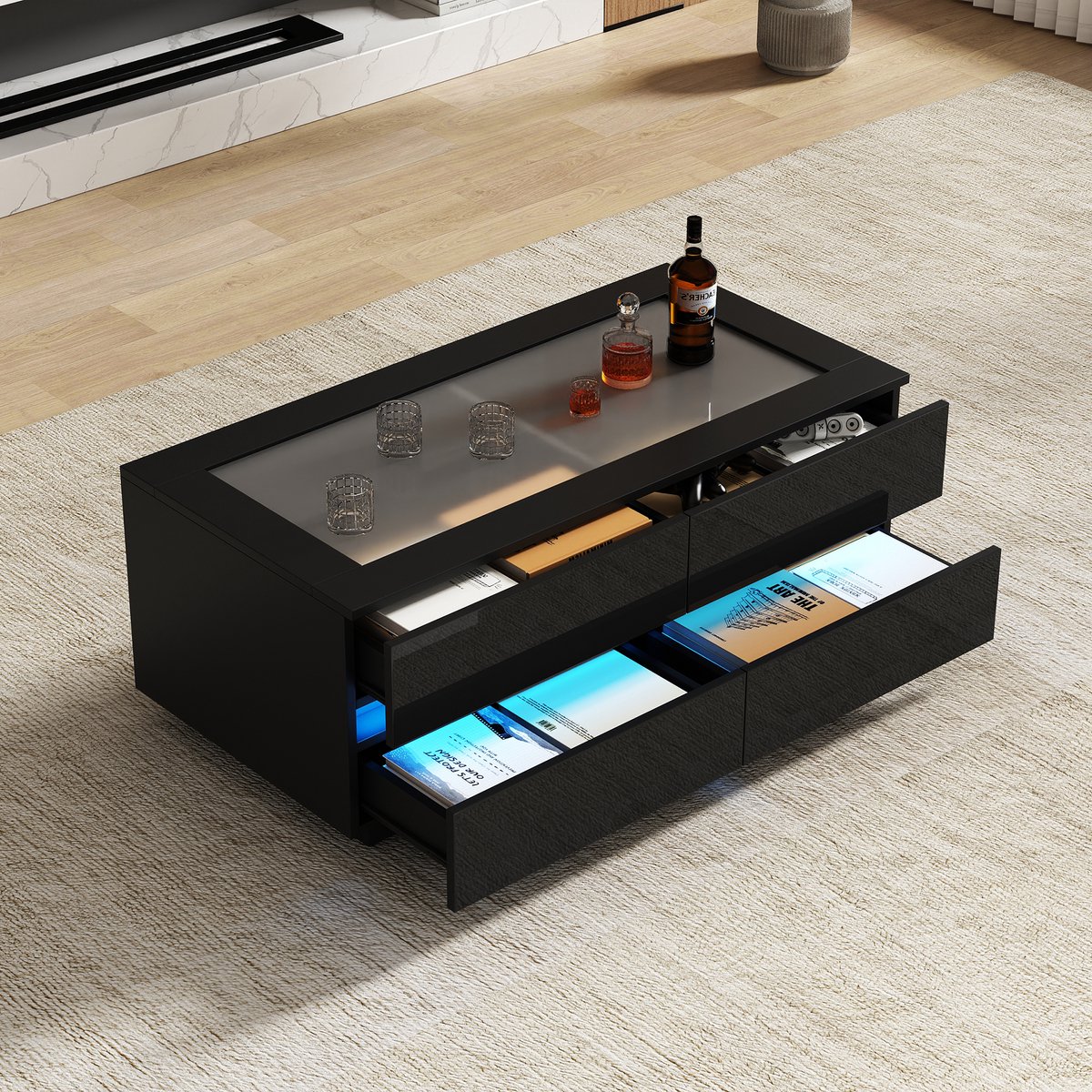 Salontafel 100x50x40 cm - met 4 lades - LED-verlichting - gehard glazen tafelblad en hoogglanspanelen - zwart