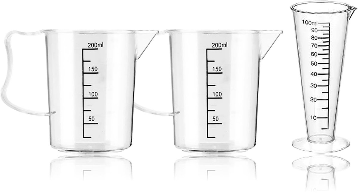 Dailygoods- Maatbeker Set - 3 Stuks - 200ml/100ml Kunststof - Polycarbonaat/Polypropyleen - Lichtgewicht/Valbestendig - Geschikt voor Laboratoria/Keuken - Maatbekerset