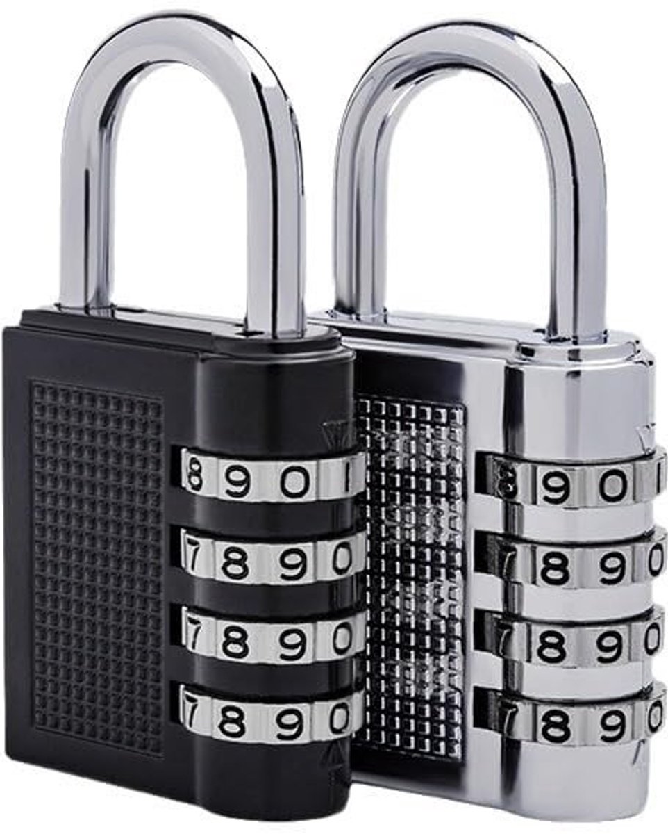 Dailygoods - 4-cijferig cijferslotset, hangslot van zinklegering, 2 stuks in zwart en zilver, combinatieslot voor kluis en sportschool
