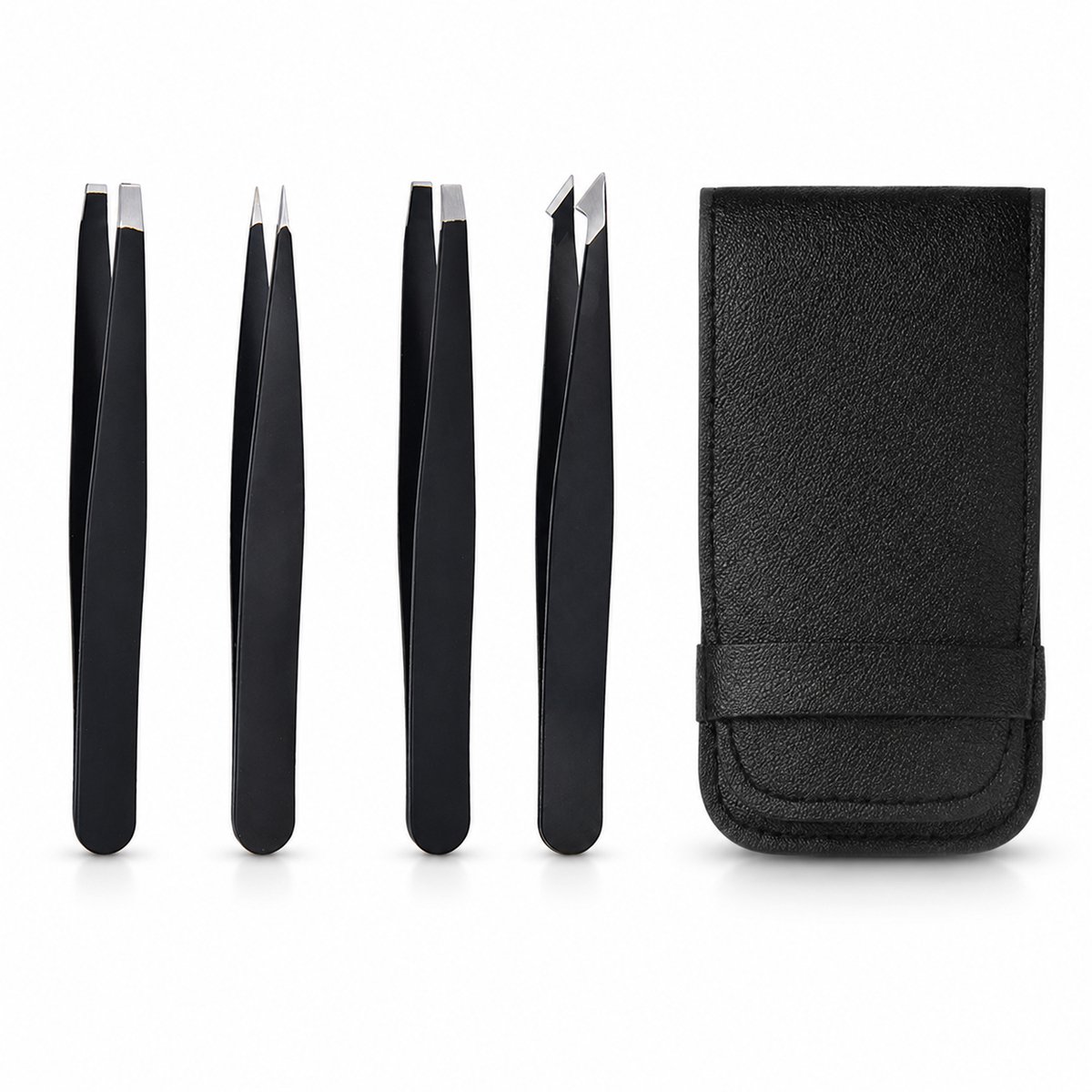Pincet Set Wenkbrauwen - Epileer Pincet Set - 4-Delig - Precisiepincetten voor Gezichtshaar, Ingegroeide Haartjes & Splinters - Plat, Puntig en Schuin - Met PU Opbergetui - Zwart