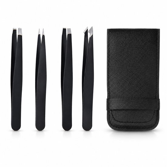 Zwarte pincetten, vier verschillende punten, met zwart etui.