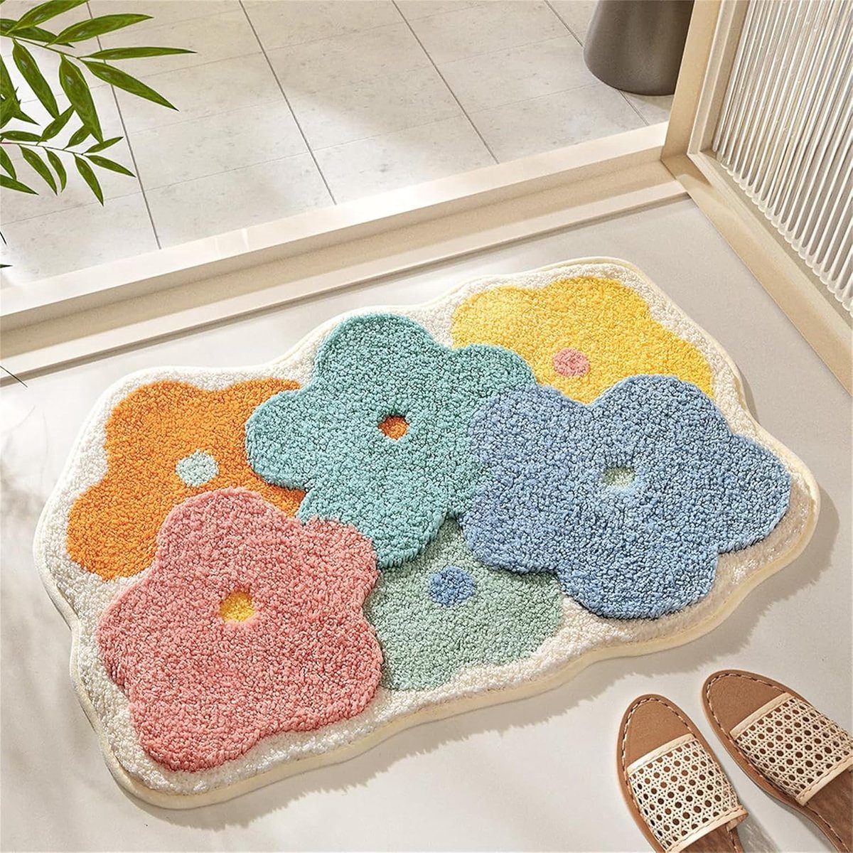 Badmat Bloem 45 x 70 cm, Antislip Badkamermat van Zacht Polyester, Absorberende Douchemat Machinewasbaar, Shaggy Bloementapijt voor Badkamer