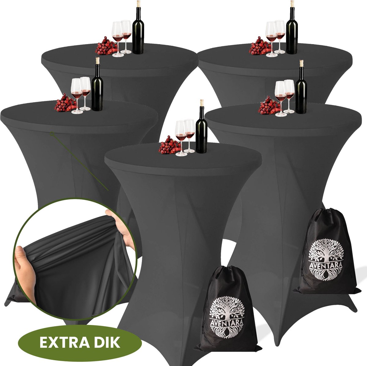 Statafelrok Grijs x 5 – Ø80-85 x 110 cm – Luxe Extra Dikke Stretch Stof – Inclusief Opbergtas – Kras- en Kreukvrije Statafelhoes – Perfect voor Horeca, Bruiloften en Feesten