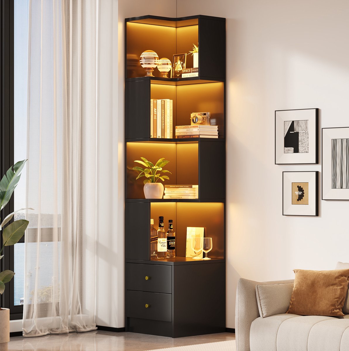HAUSS SPOLE Boekenkast - L Vormige Hoekkast Met Ledverlichting En Laden - Voor Woonkamer En Werkkamer - MDF - 45 x 43,5 x 180 Cm - Zwart