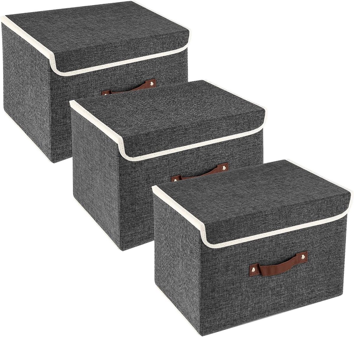 Opvouwbare Opbergdoos met Deksel, Stof, Afwasbaar, Opbergbak met Deksel, 38x25x25 cm, Set van 3, Zwart