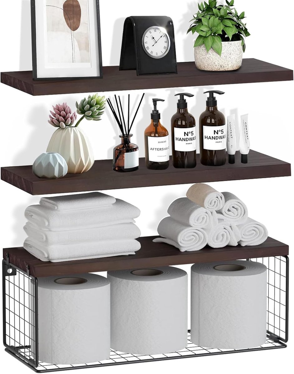 Zwevende planken - wandplanken met draadmand, boven toilet, keuken en woonkamer/kantoor/plantendecoratie