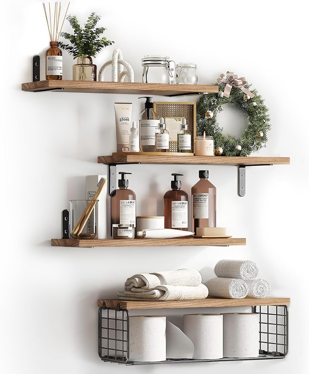 Set van 4 houten wandplanken, badkamerrek met metalen mand, zwevende wandplanken in rustieke stijl, voor woonkamer, slaapkamer, keuken, kantoor (bruin)