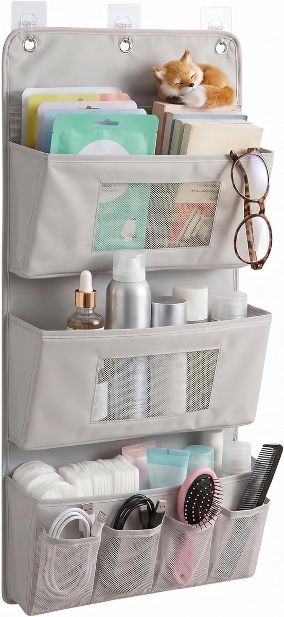 deurorganizer, opvouwbare Oxford-stof, hangorganizer, geen boren nodig, inclusief 3 haken, geschikt voor badkamer en achterdeuren (40 x 90 cm, grijs, 3-laags)