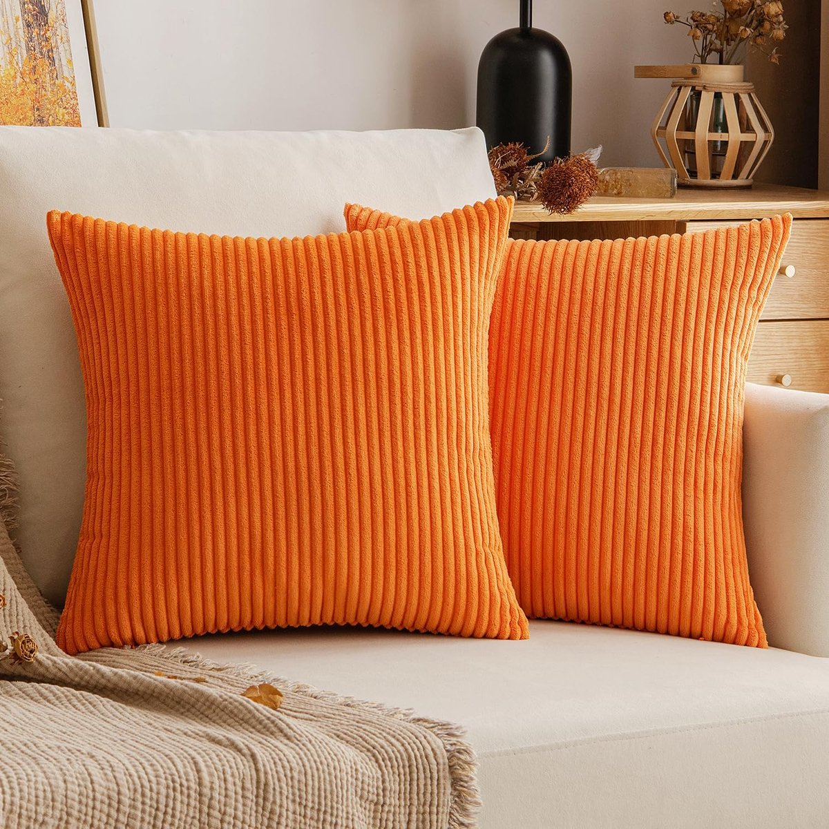 Kussensloop Herfst, ribfluwelen sierkussensloop, sierkussen, sofakussen, corduroy, decoratieve zachte sierkussenovertrekken voor bank, stoel, thuis, slaapkamer, 45 x 45 cm, oranje