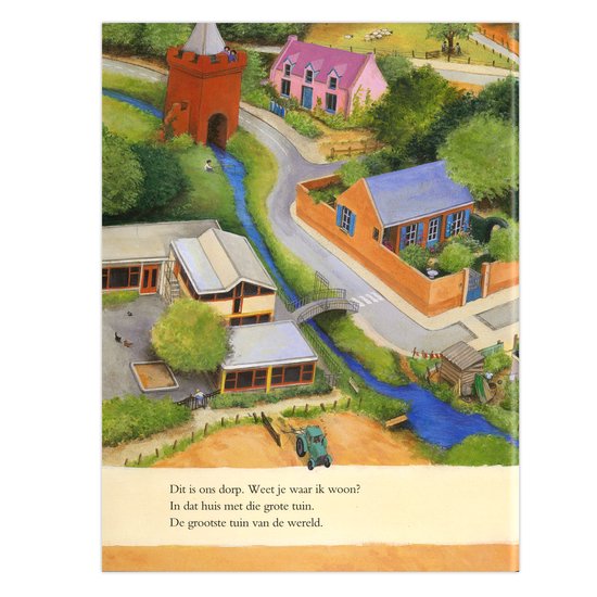 Een illustratie van een dorp met een rivier, huizen, een school en een tractor.