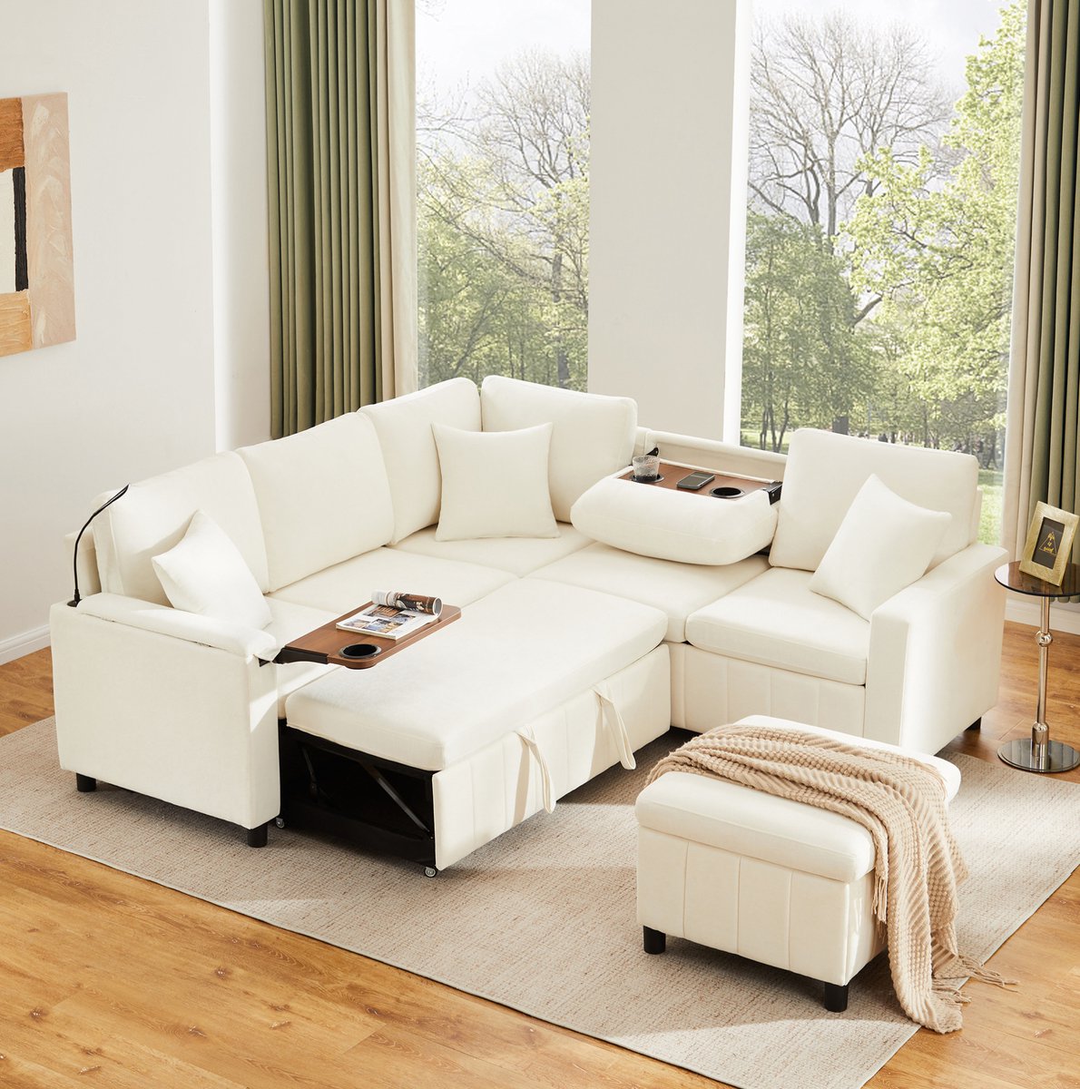 MIVRAY Hoekbank 205 x 205 cm - Slaapfunctie Met Hocker, USB En Type-C, Leeslamp En Tafel M
