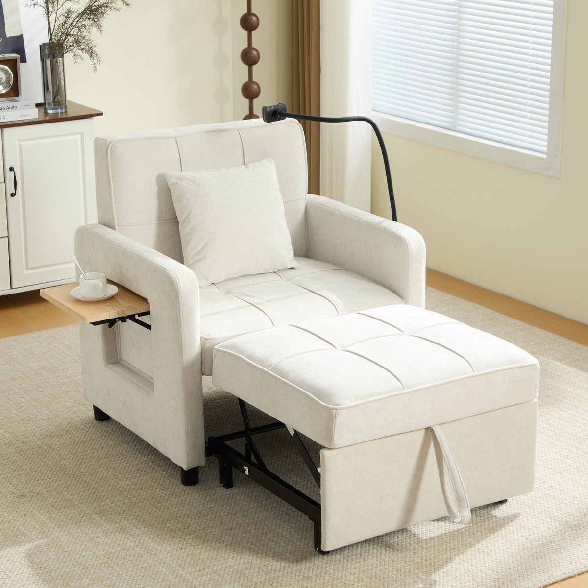 MIVRAY Relaxfauteuil 167 x 79 x 83 cm - 2-in-1 Slaapstoel Met 5-Standen Rugleuning En Opbergruimte - Voor Woonkamer - Chenille Beige