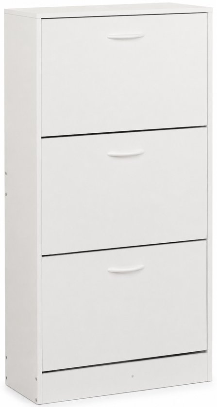 Strakke, witte schoenenkast met drie klepdeuren en slanke handgrepen.