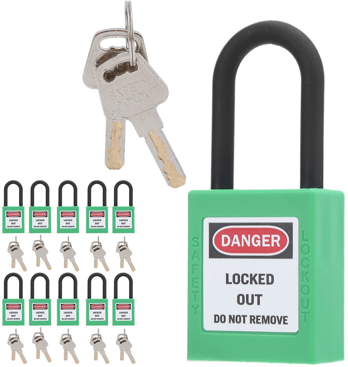 Dailygoods - Veiligheidshangslotenset, 10-delige set, 1,5 inch, veiligheidsvergrendeling, nylon isolatie, techniek, loto-hangslot, elektrische vergrendeling, tagout-station, (groen)