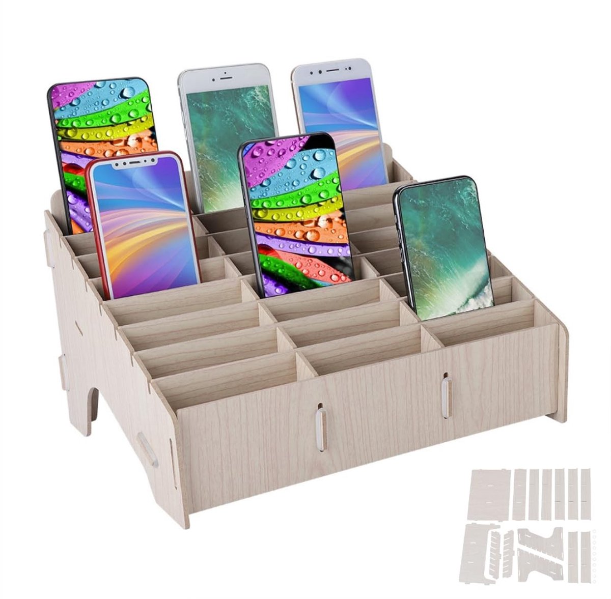 Dailygoods - Opbergdoos met houten rooster, 24 vakken, bureau-organizer voor kantoor en school, beige mobiele telefoonmanagement rekken voor het opbergen van pennen, sleutels, accessoires, opbergdoos voor