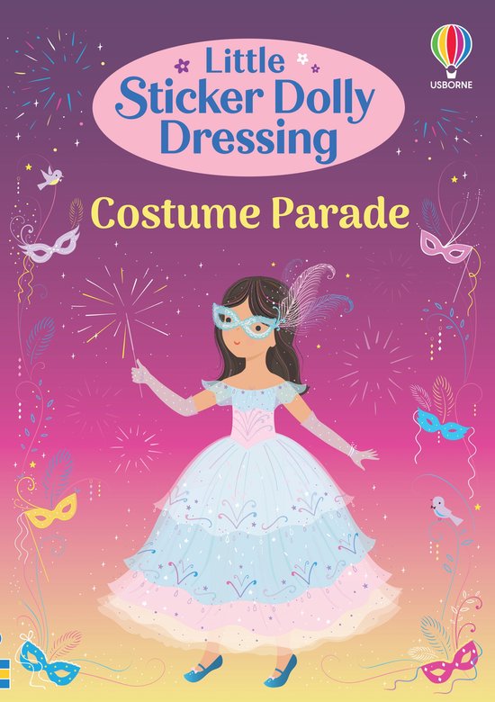 Livre 'Little Sticker Dolly Dressing Costume Parade' avec une fille déguisée en princesse et portant un masque.