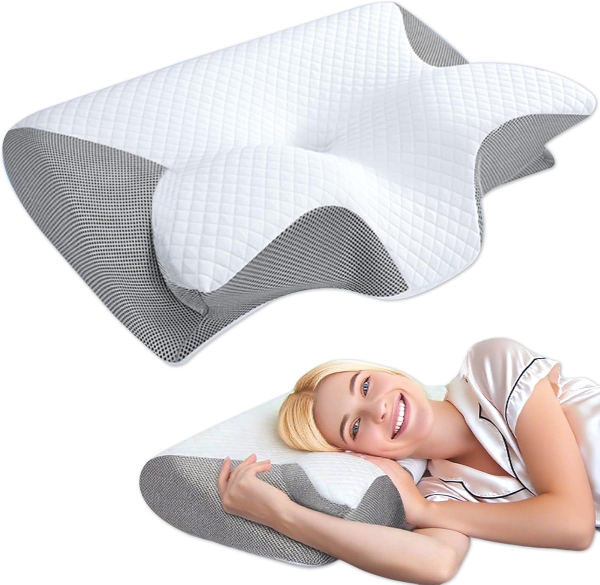 nekkussen van traagschuim, ergonomisch hoofdkussen, nekpijn, traagschuim kussen voor zijkanten, rug en buikslapers ter verbetering van de slaapkwaliteit (grijs)