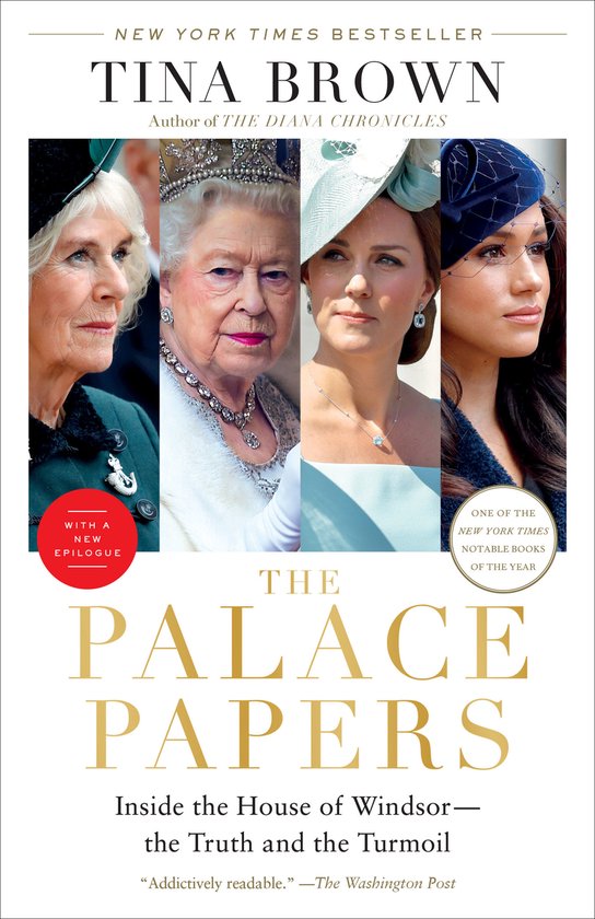 Boekomslag met vier portretten van koninklijke vrouwen: Camilla, de koningin, Kate en Meghan. Titel: The Palace Papers.