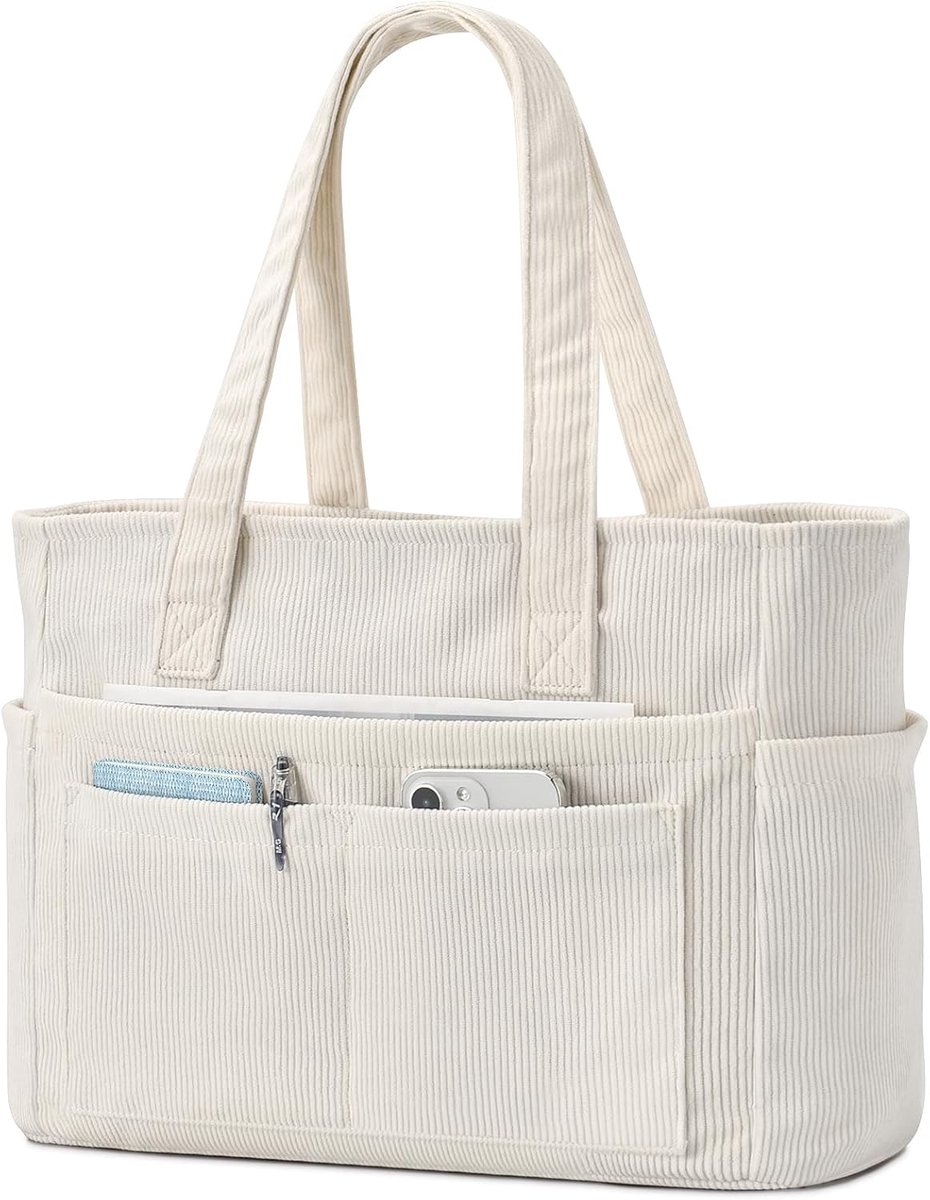 oscaurt Corduroy tas voor dames, 13 vakken, handtas, shopper, grote werktas met laptopvak en ritssluiting, opvouwbare schoudertas, tote bag, strandtas voor school, werk, reizen