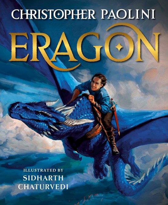 Garçon sur un dragon bleu dans les airs. Texte : CHRISTOPHER PAOLINI ERAGON