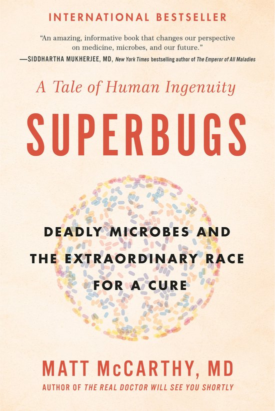 Boek "Superbugs" met de tekst "A Tale of Human Ingenuity" en een illustratie van microben.