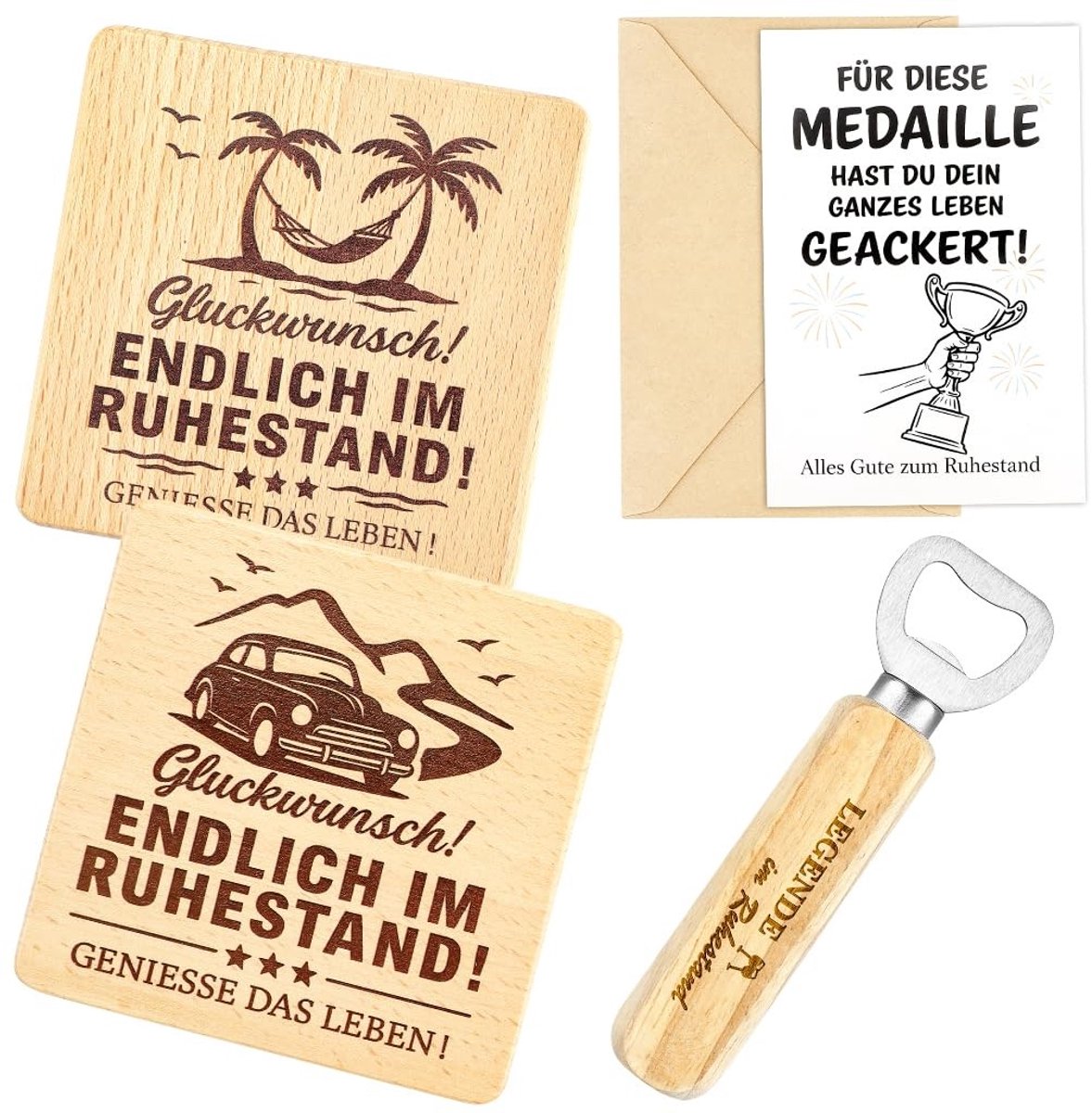 Dailygoods - Pensioencadeauset, bestaande uit een flesopener, twee onderzetters en een wenskaart – een afscheidscadeau voor collega's, vaders of grootvaders.