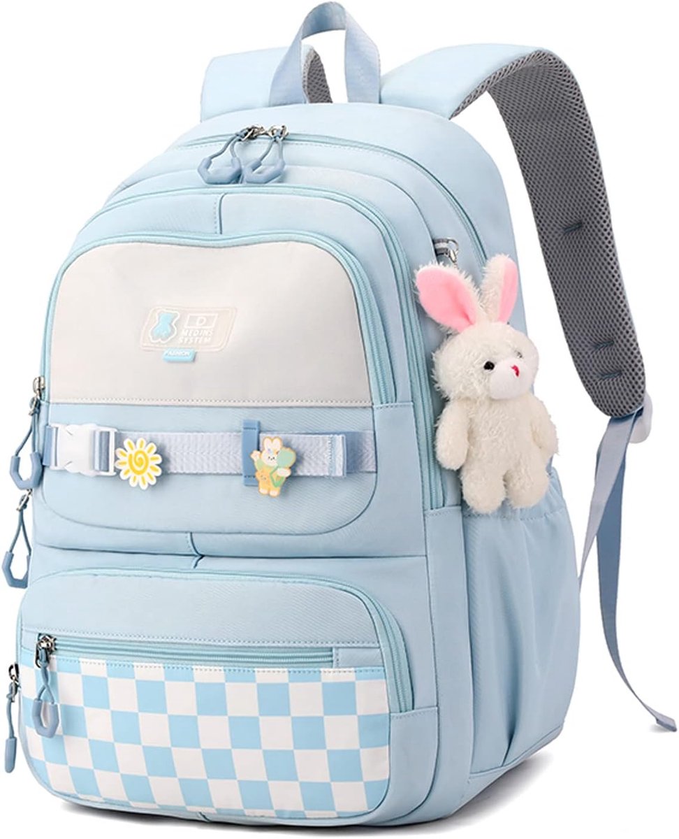 COOAU - Kawaii Geruite Tiener Rugzak met Konijn Knuffel Sierhanger - Schattige Lichtgewicht Schoolrugzak voor Tieners - Meervaks Waterbestendige Studententas voor Middelbare School