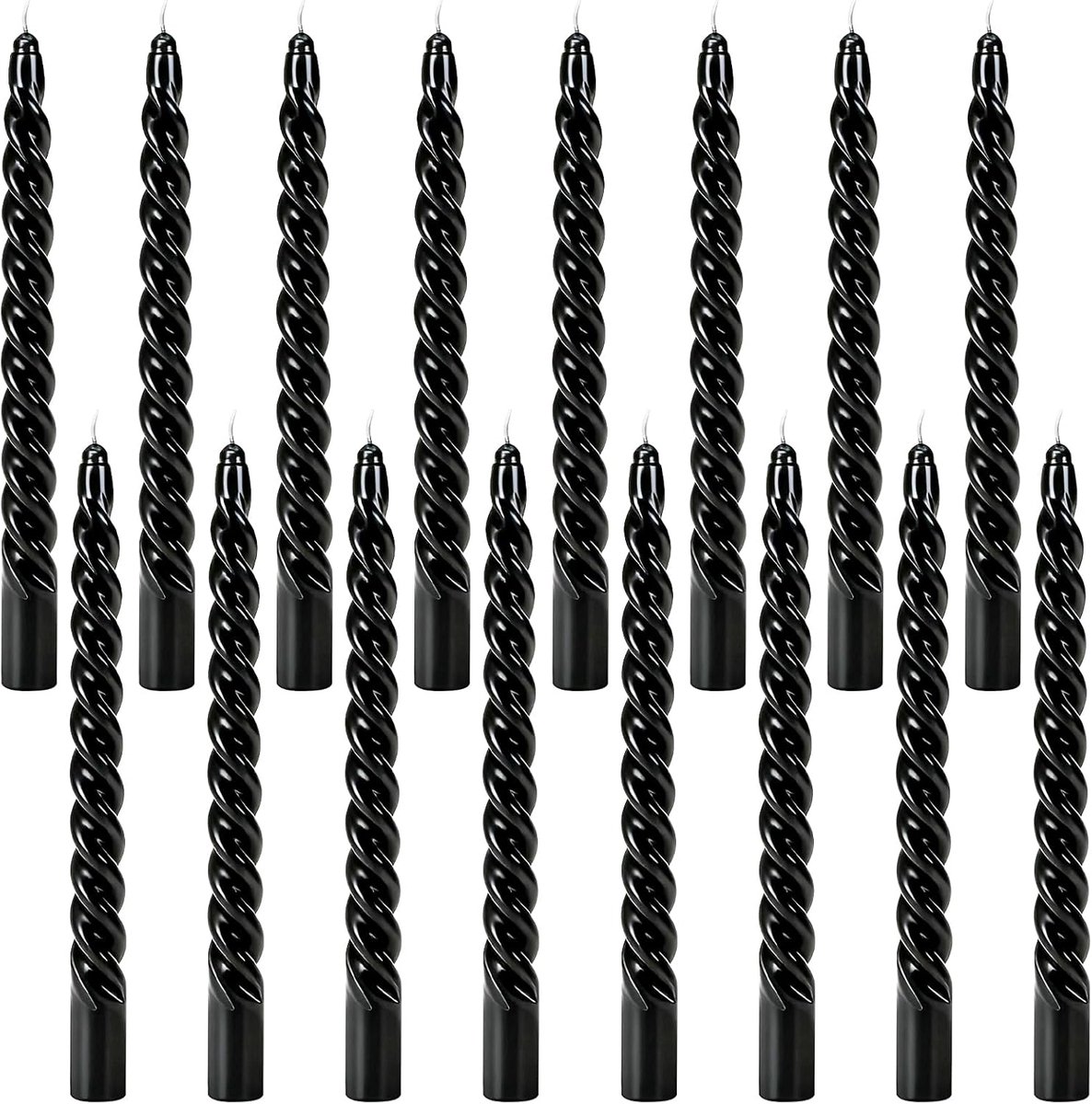 16 stuks zwarte spiraalkaarsen, lange puntige kaarsen, zwart, gedraaide staafkaarsen, gedraaide tafelkaarsen, esthetisch, gedraaide kaars voor chimes, magie, Halloween, feestdecoratie
