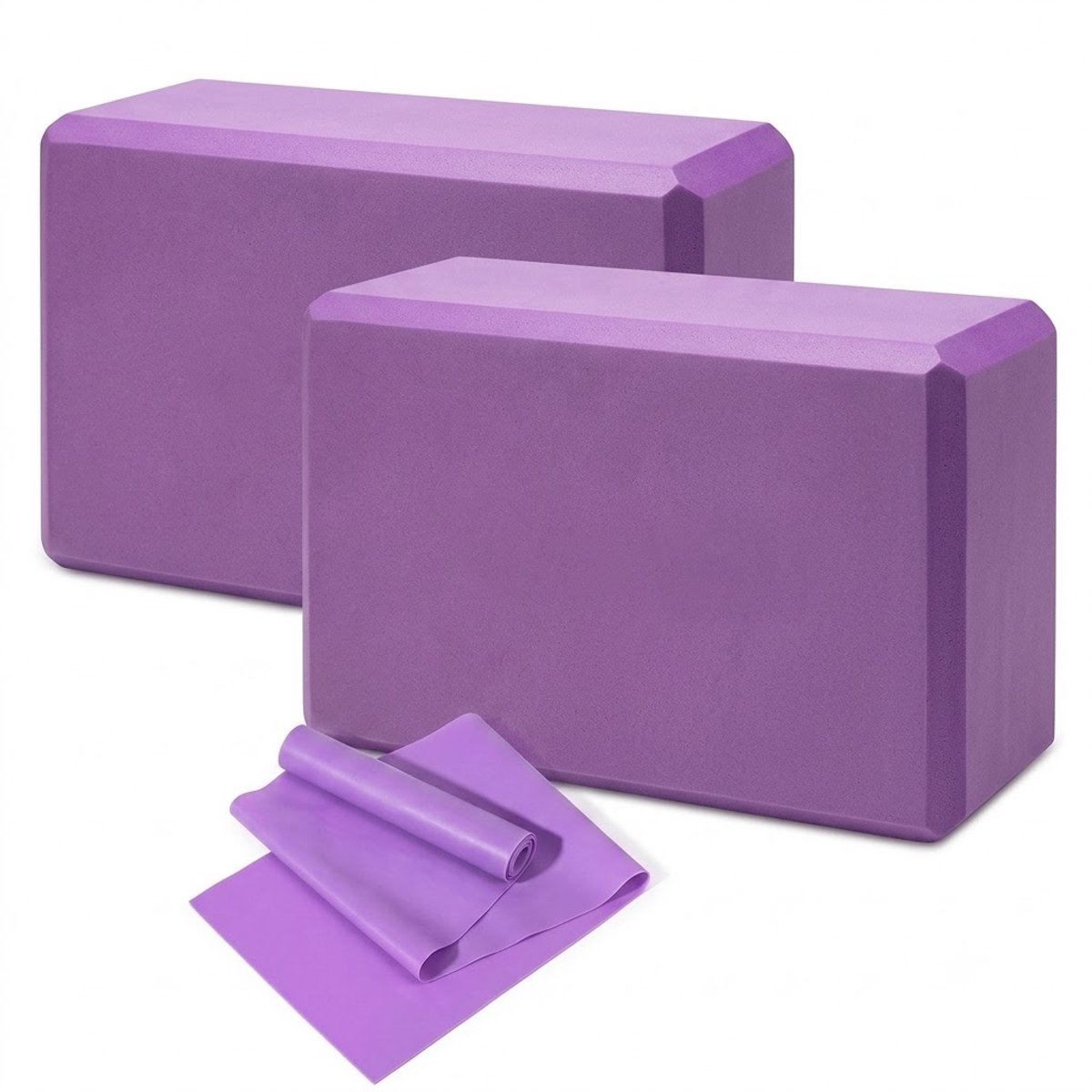 Paarse Pilates blokken yoga blokken set unisex 3 delig met 2 EVA schuim yoga blokken en TPE weerstandsband fitness hulpmiddel voor yoga pilates stretching balans en mobiliteit