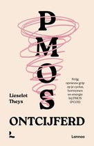 Boek kaft met grote zwarte letters 'PMOS ONTCIJFERD'. Roze lijnen draaien rond de letters. Tekst: Lieselot Theys, Krijg opnieuw grip op je cyclus, hormonen en energie bij PMOS (PCOS), Lannoo.