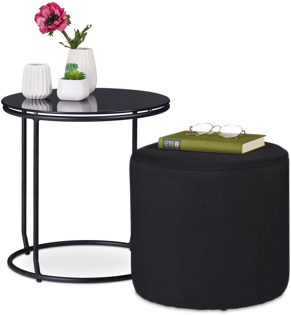 Omgoods - Moderne Zijdetafel met Hocker en Glasblad