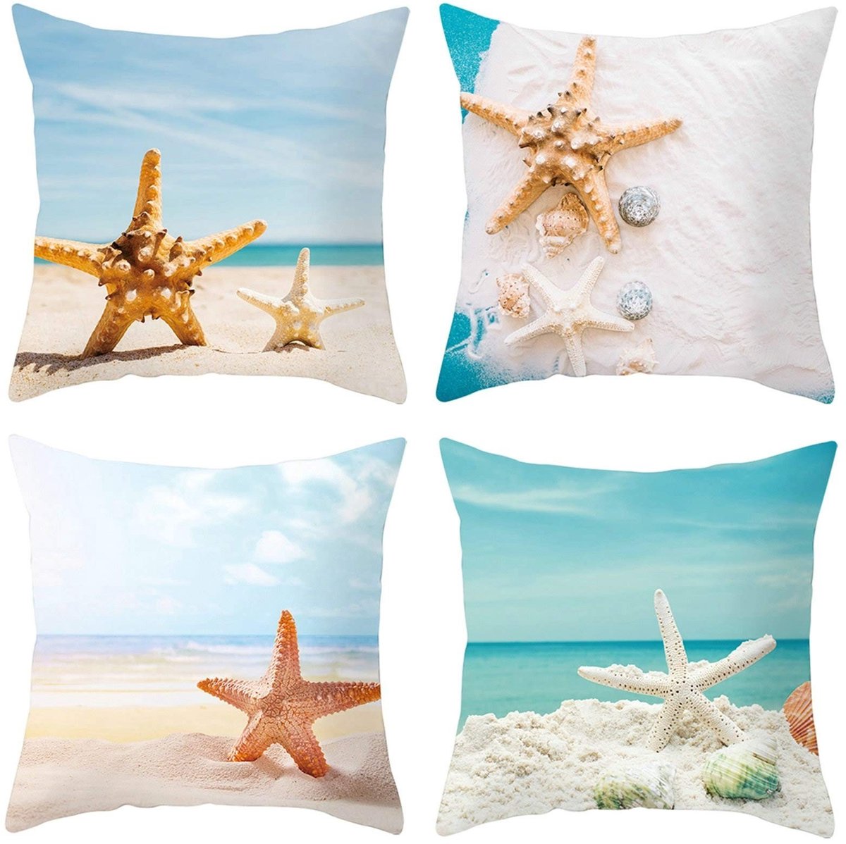 Omgoods - Set van 4 Polyester Kussenhoezen 40 x 40 cm met Zeester