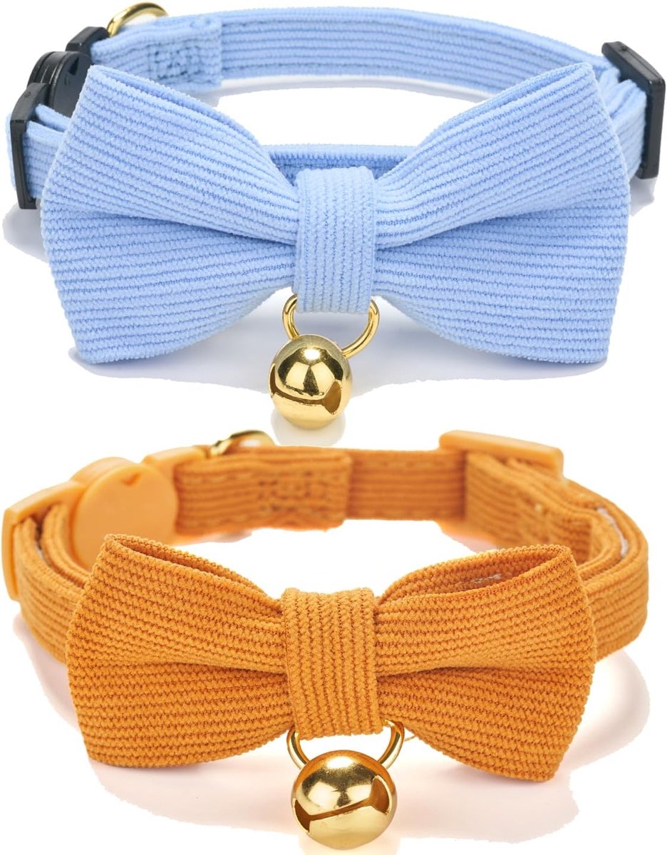 Twee kattenhalsbanden Geschikt voor belletjes en strikjes, Geschikt voorzien van veiligheidsgespen, verstelbaar zacht corduroy en decoratieve belletjes.