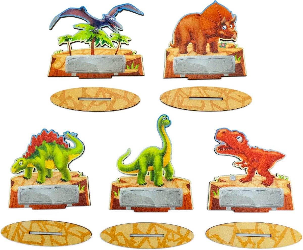 5 x dinosaurus-partytafelkaarten voor kinderverjaardag, dino, feestje, plaatskaartjes van ecologisch karton, voor meisjes en jongens, grappige tafelkaartjes als decoratie voor een verjaardag, Made in Germany