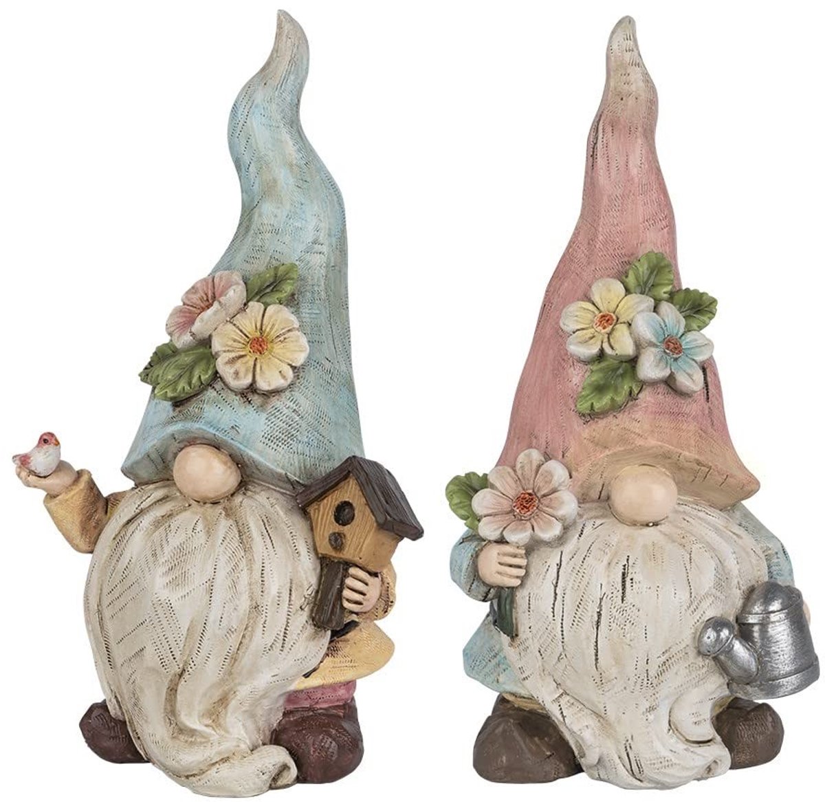 Omgoods- Decoratieve Figuren - Kabouters met Gieter/Vogelhuisje - 23 cm Hoog - 10 cm Breed - 2 Stuks - Polyresin Materiaal - Tuindecoratie