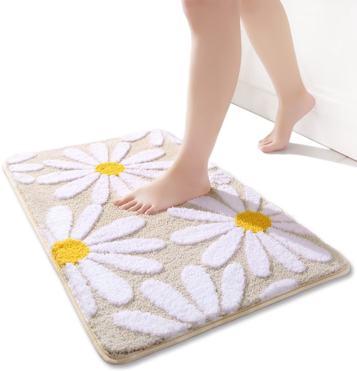 Omgoods - Beige Badmat met Witte Bloemen 50x80cm, Antislip