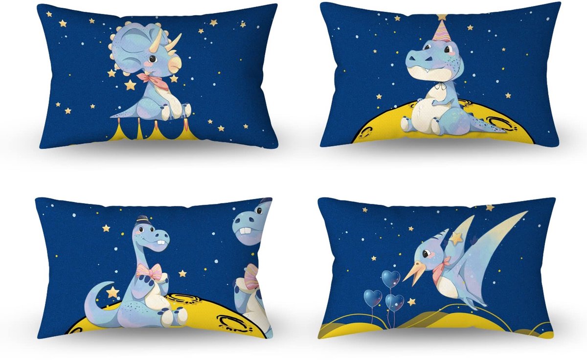 Omgoods - Set van 4 Schattige Cartoon Kussenhoezen 30x50cm met Dinosaurus Thema