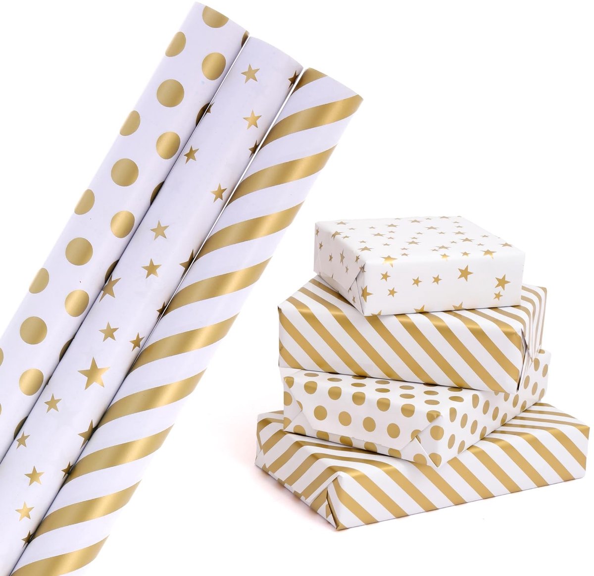 Omgoods - Set van 3 Gouden Inpakrollen met Diverse Patronen