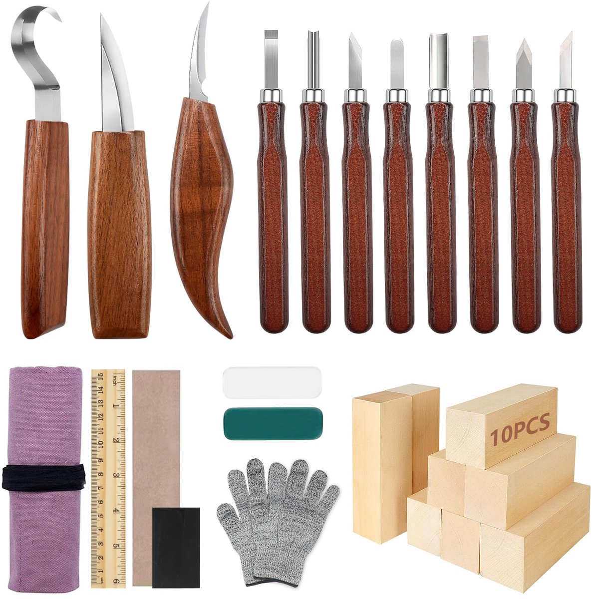 Omgoods- Houtsnijgereedschap 29-in-1 Set - Houtsnijset Beginners - Houtsnijmessen - Snijbestendige Handschoenen - Houtblokken - Hoogwaardige Messen