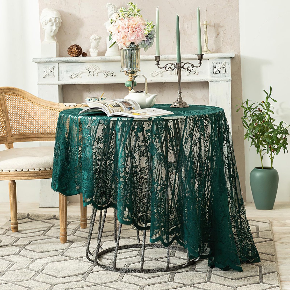 Omgoods - Ronde Kant Tafelkleed 75 inch met Bloemenpatroon Donkergroen