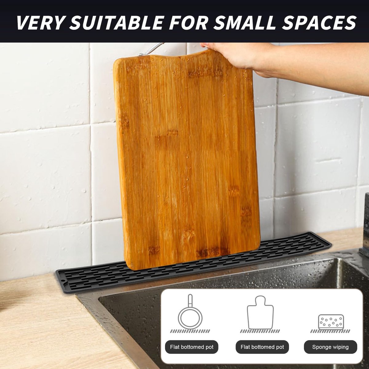 Afdruipmat van siliconen, smal, antislip, afdruipmat, vloermat voor flessen, glazen, snijplanken, 55 x 8,8 x 0,28 cm, grijs