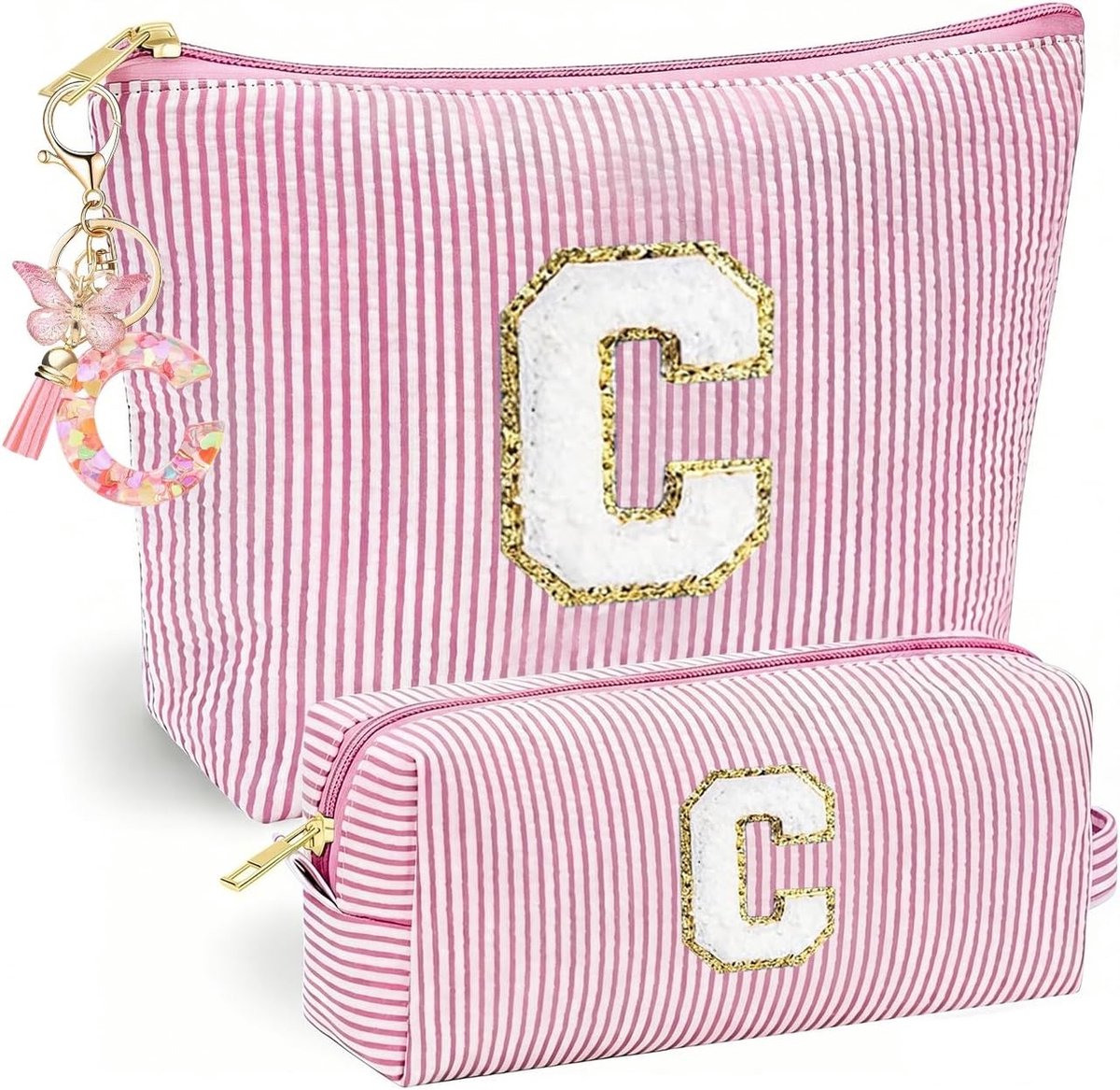 Gepersonaliseerde Make-up Tas met Vlinder Kwastje en Sleutelhanger voor Meisjes, Unieke Cosmetica Tas met Initiaal en Persoonlijk Ontwerp