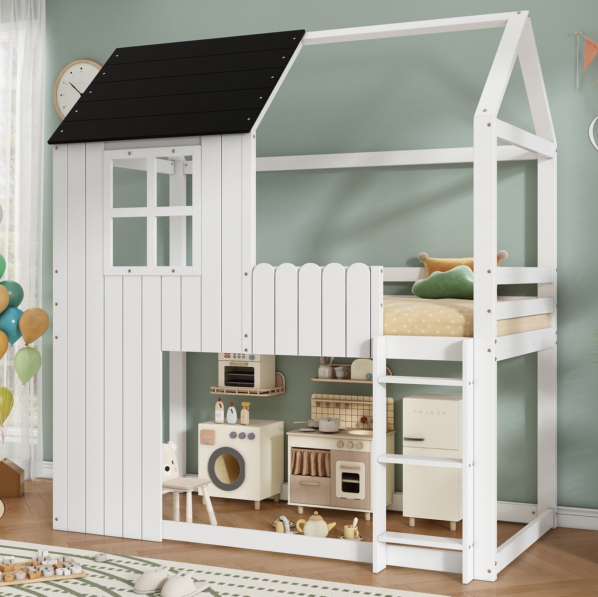 COVREO Hoogslaper 90x200 cm wit zwart, hout en MDF met trap